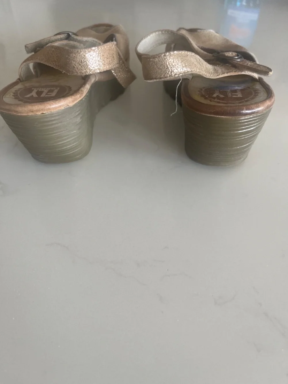 Fly London Yora Wedge Sandals Size 39- Gold glitter